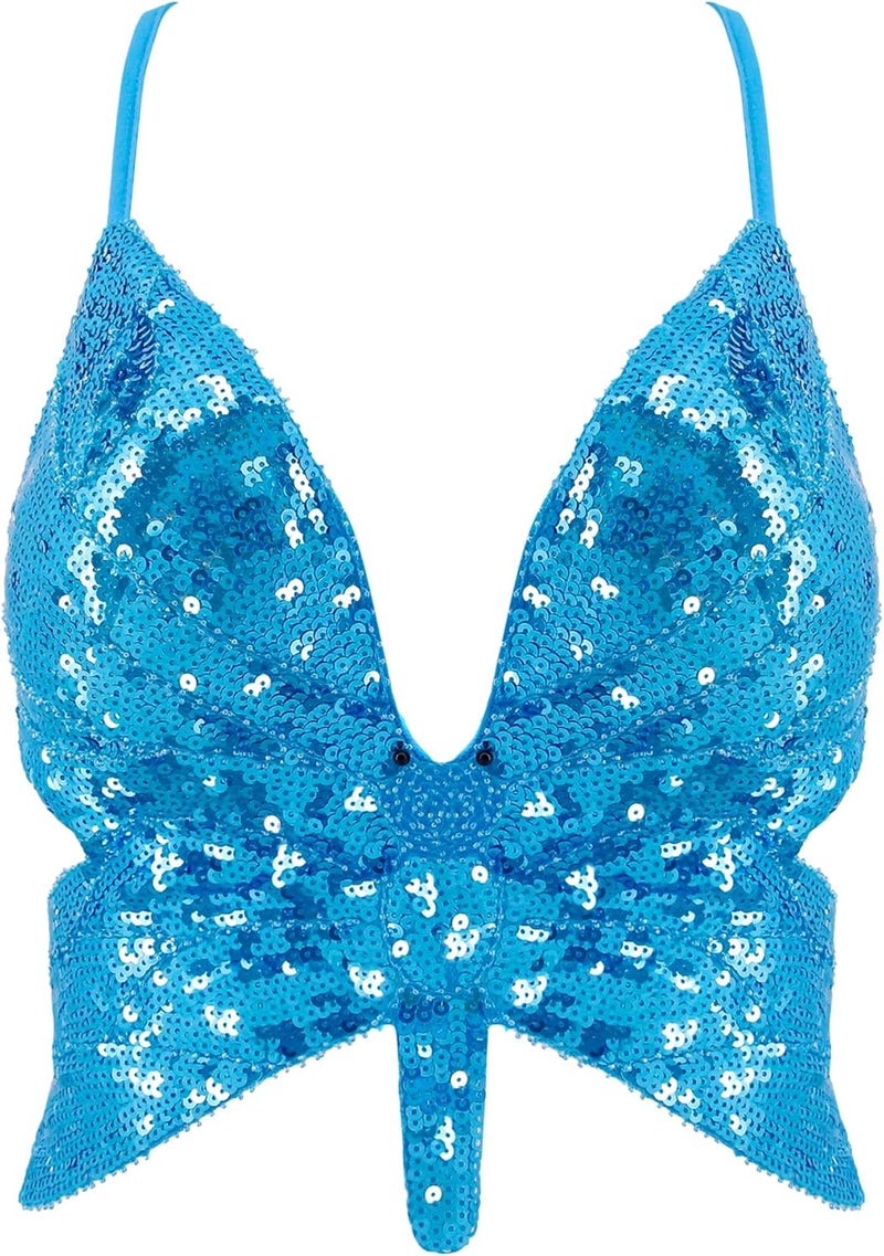 Mocure Womens Glitter Sequin Butterfly Crop Top Low-Cut Tank Top Rave Tube Vest Top for Belly Dance Costume Outfits - Image 1